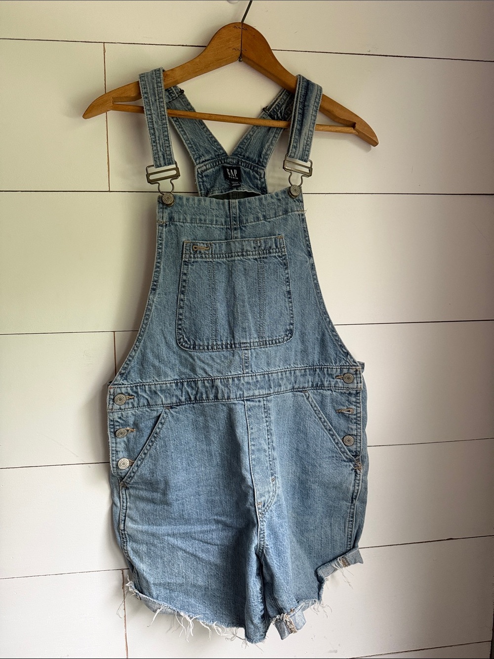 GAP Light Wash Blue Denim Shortalls with Frayed Hem